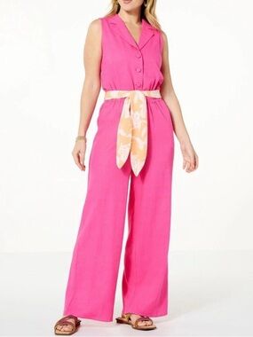 G by Giuliana Hot Pink Sleeveless Wide-Leg Jumpsuit with Orange Scarf Belt